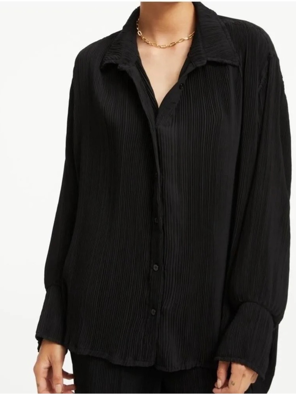 Good American Black Pleated Button-Front Top